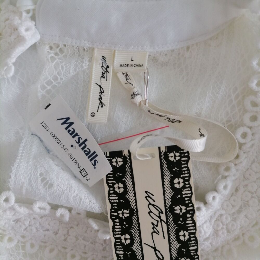Ultra Pink Womens White Cap Sleeve Lined Floral Lace Overlay Blouse Top Size L - Picture 5 of 7
